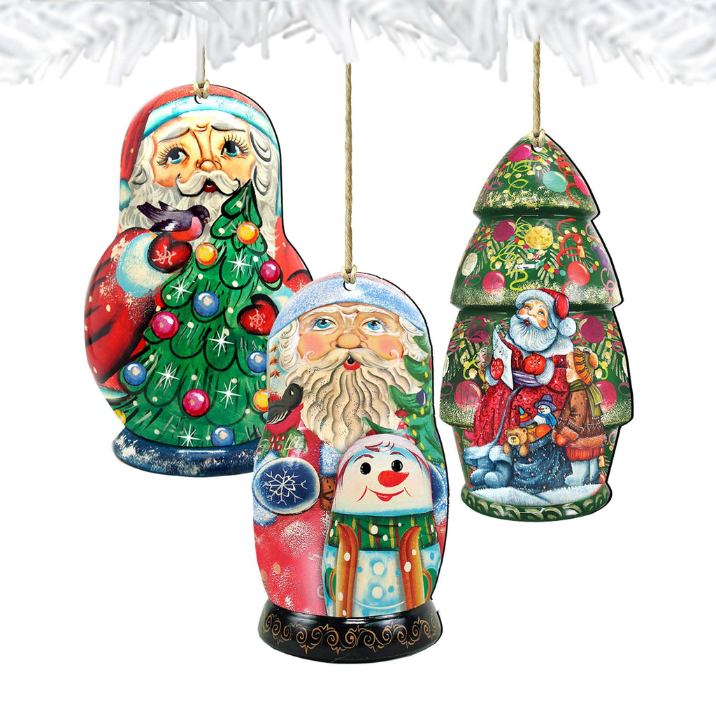 Santa Doll Wooden Ornaments Set of 3 by G. DeBrekht - Christmas Santa Snowman Decor - 8100104S3