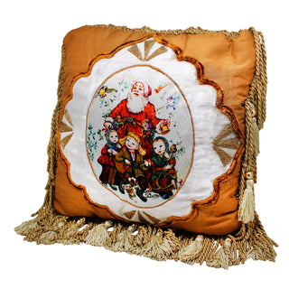 Christmas Story Santa Pillow with Insert - Handmade Tapestry from Velvet and Silk Hand-Embroidered with Gold 12x12 Inches by G. Debrekht - Unique Handcrafted Home Decor