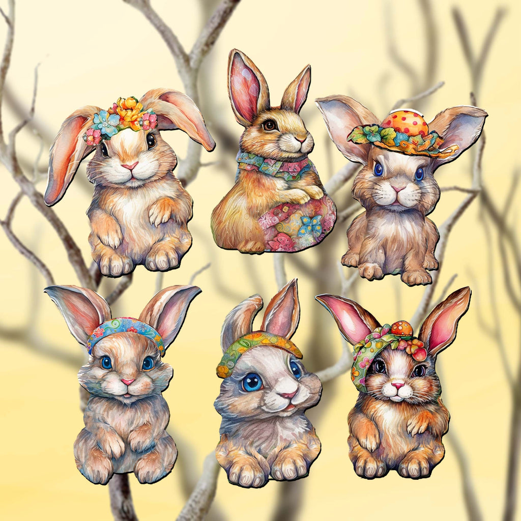 Easter Bunnies Clip-On Eco Wood Decorative Ornaments Set of 6 by G. Debrekht - Easter Decor - 8090042C-S6