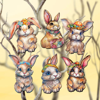 Easter Bunnies Clip-On Eco Wood Decorative Ornaments Set of 6 by G. Debrekht - Easter Decor - 8090042C-S6