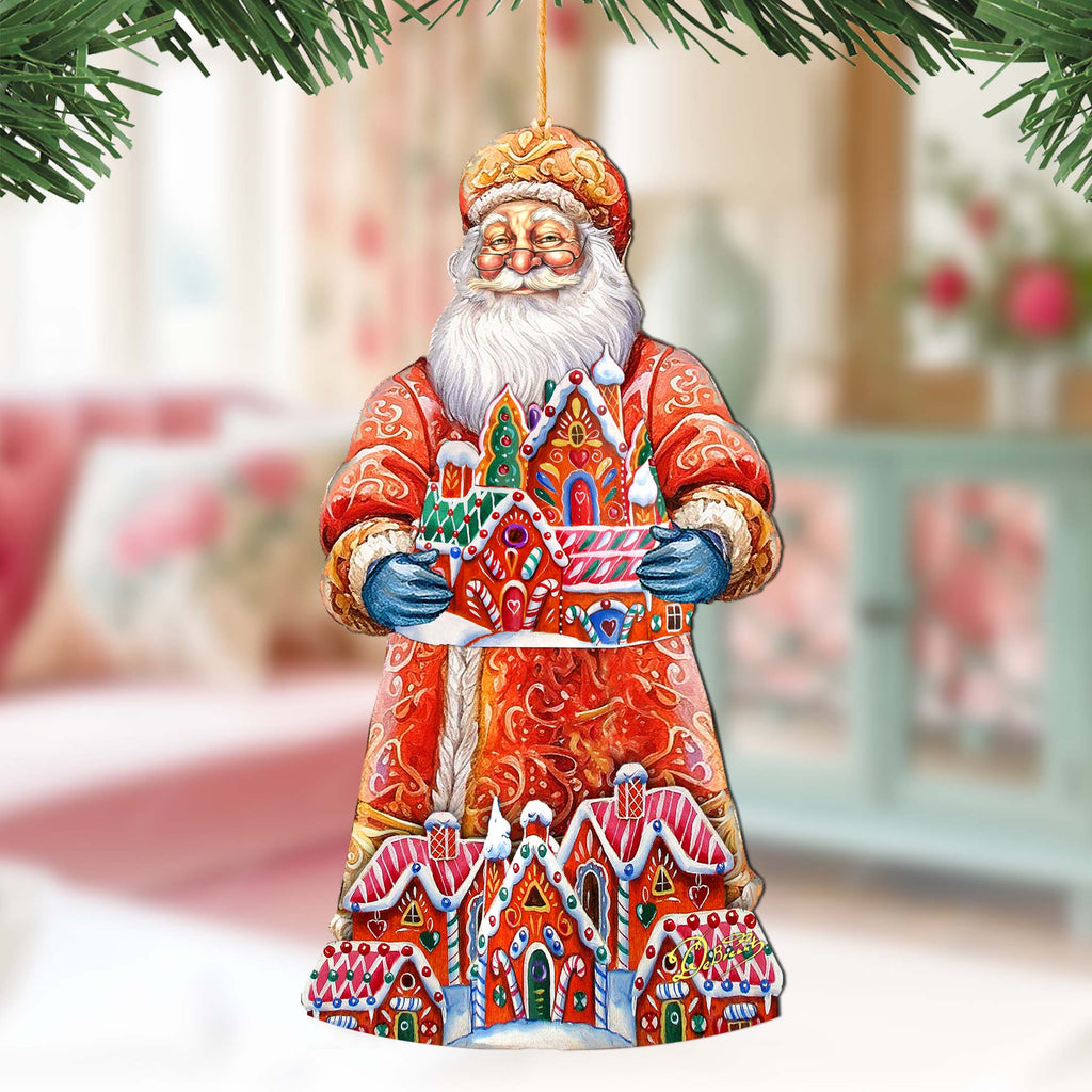 Santa and the Gingerbread House Wooden Ornaments by G. Debrekht - Christmas Santa Snowman Decor - 8691404