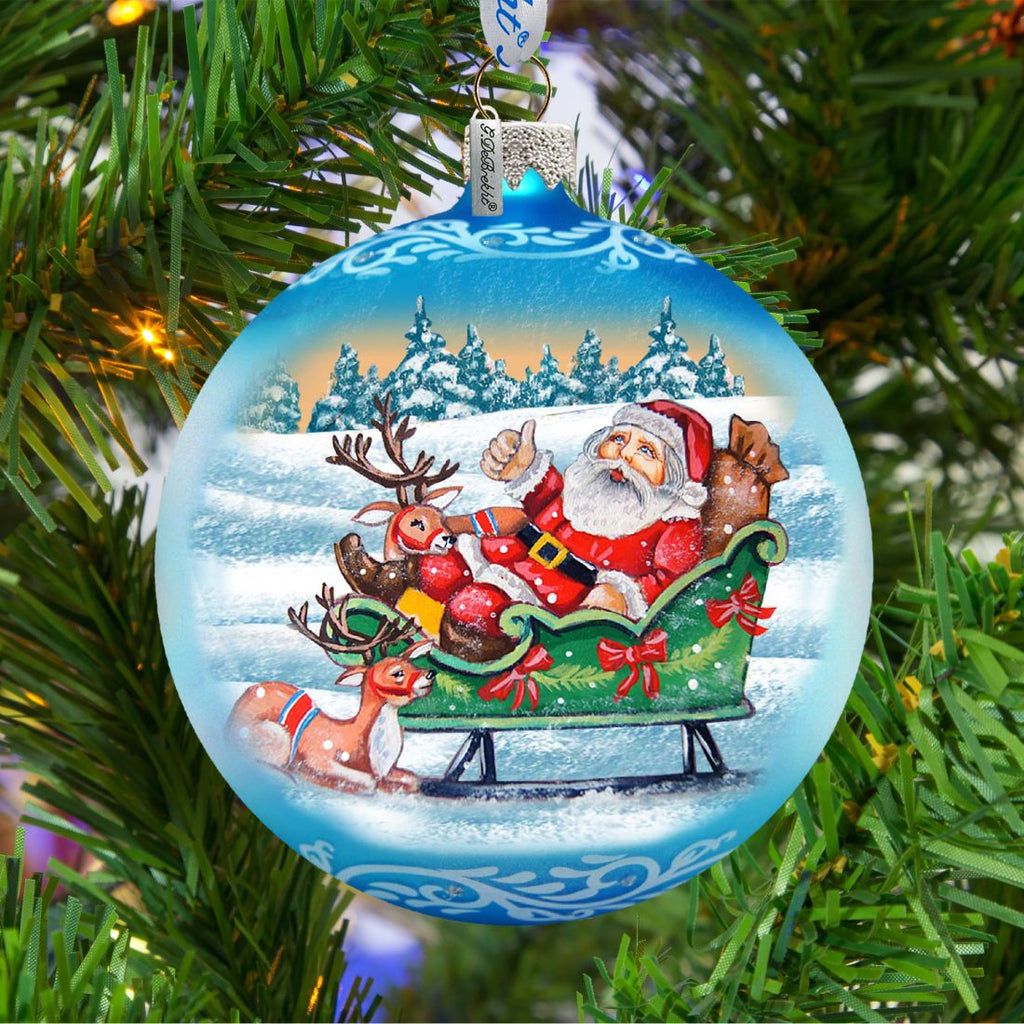Reindeers Ride Santa Glass Ornament by G. DeBrekht - Christmas Santa Snowman Decor - 73363