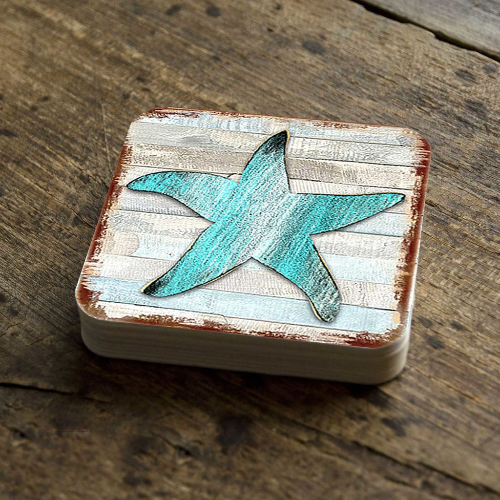 Starfish Wooden Cork Coasters Gift Set of 4 by Nature Wonders - Coastal Sea-Life Decor - 8198531-9C-S4