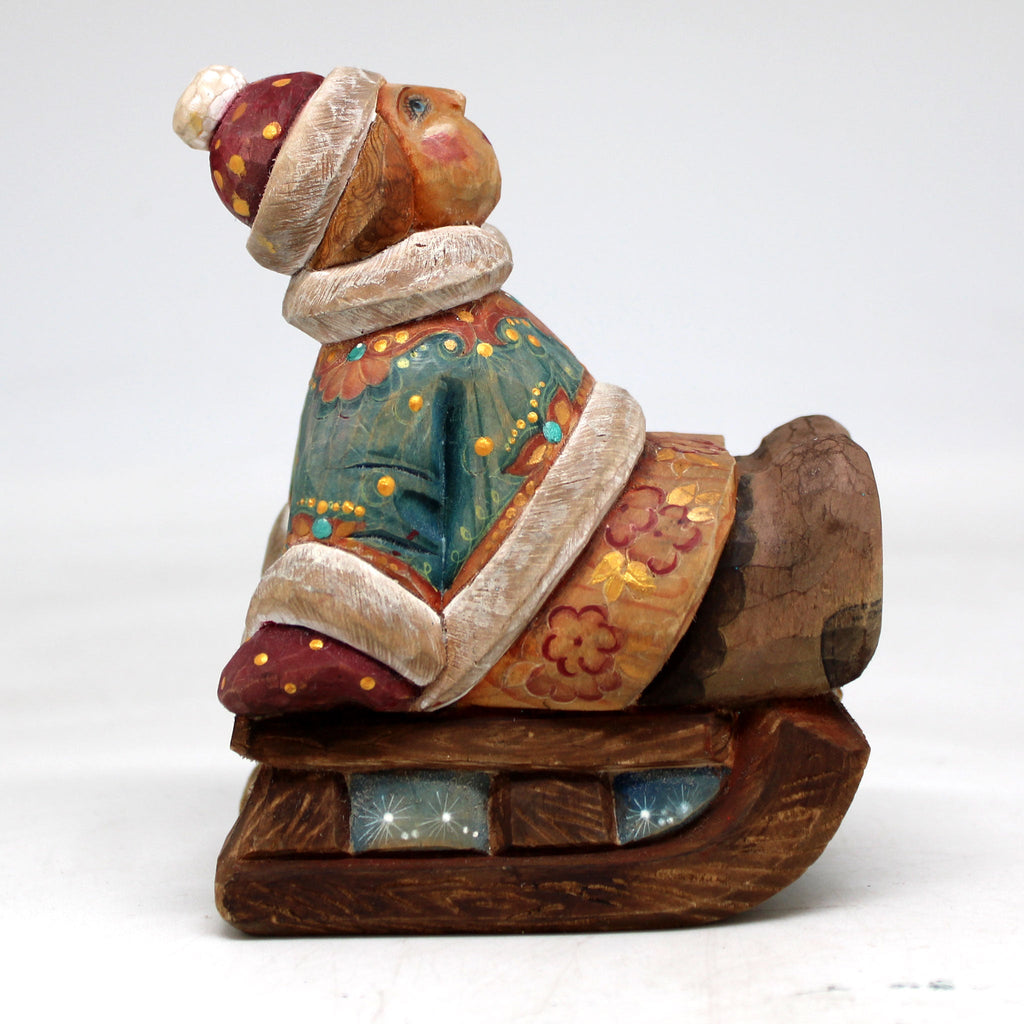 One-of-a-Kind - Girl on Sleigh WOODCARVED Figurine 4.5x3.5x2.5 by G.DeBrekht - Unique Handcrafted and Hand-Painted Collectible
