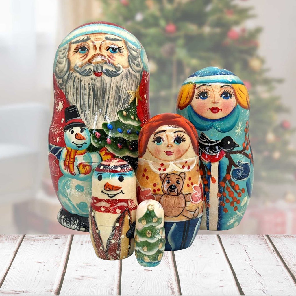 Santa Family Matreshka Nesting Hand-Painted Doll Set of 5 by G. DeBrekht - Christmas Santa Snowman Decor - 110088