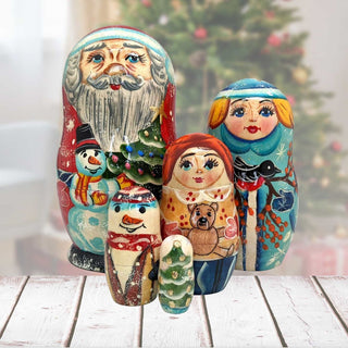 Santa Family Matreshka Nesting Hand-Painted Doll Set of 5 by G. DeBrekht - Christmas Santa Snowman Decor - 110088