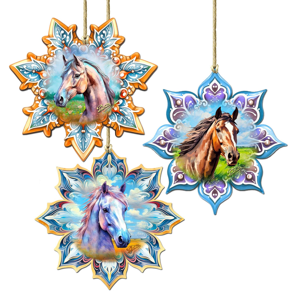Horses Snowflake Eco Wood Ornaments Set of 3 by G. Debrekht - Nature Wildlife Decor - 8090151-S3