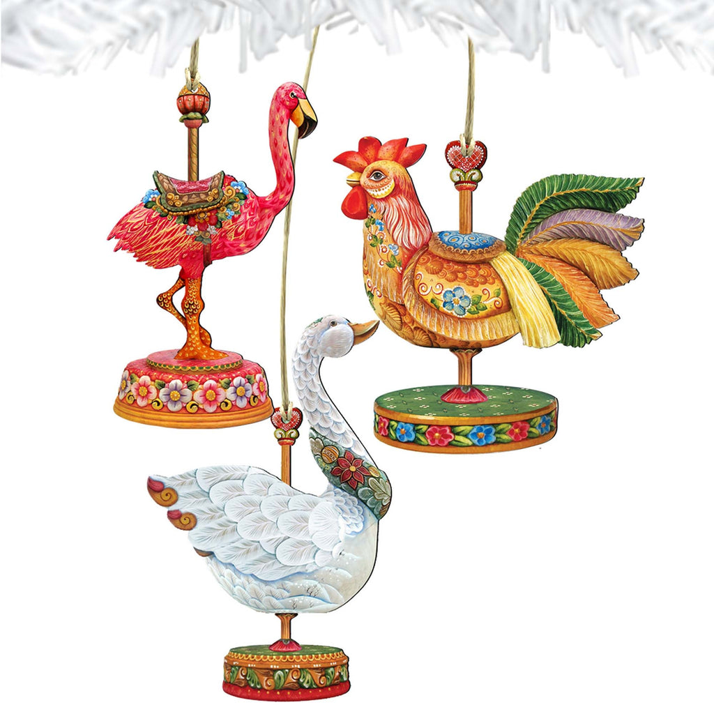 Carousel Wooden Ornaments Rooster, Goose, Flamingo Set of 3 by G. DeBrekht - Christmas Decor - 8100088S3