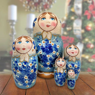Light Blue Floral Matreshka Nesting Hand-Painted Dolls Set of 5 by G. DeBrekht - Christmas Decor - 140140-3