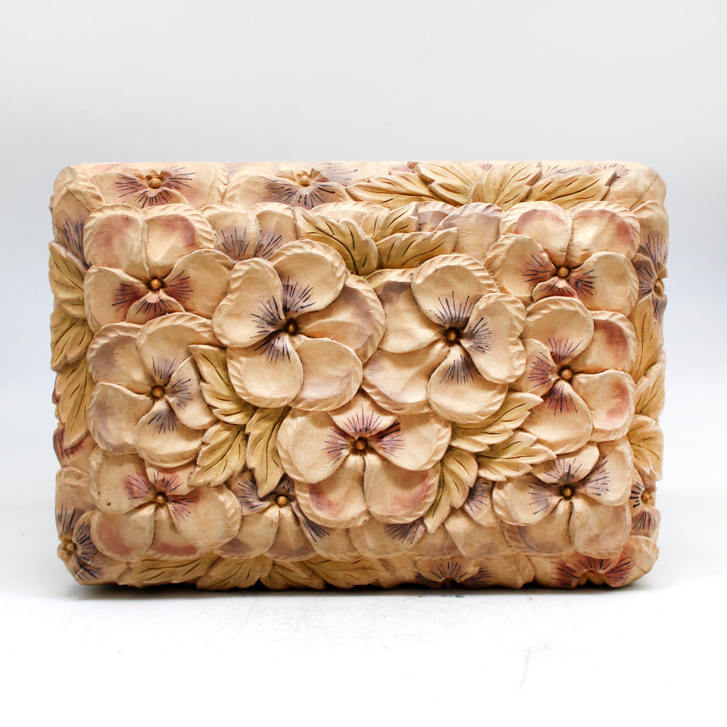 One-of-a-Kind Pansies WOODCARVED Jewelry BOX 8x5.5x3.5