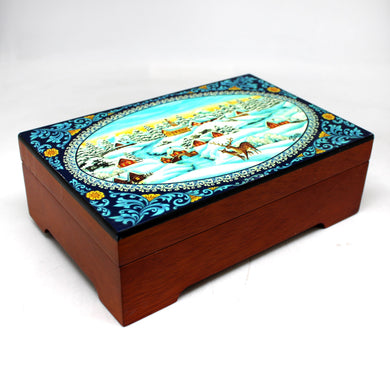 One-of-a-Kind Winter Village Lacquered & Polished WOODCARVED Music Jewelry BOX 9x6x3 - Handcarved Unique Home Decoration and Beautiful Gift Rare Find Collectible, Unique Hand Carved Gift