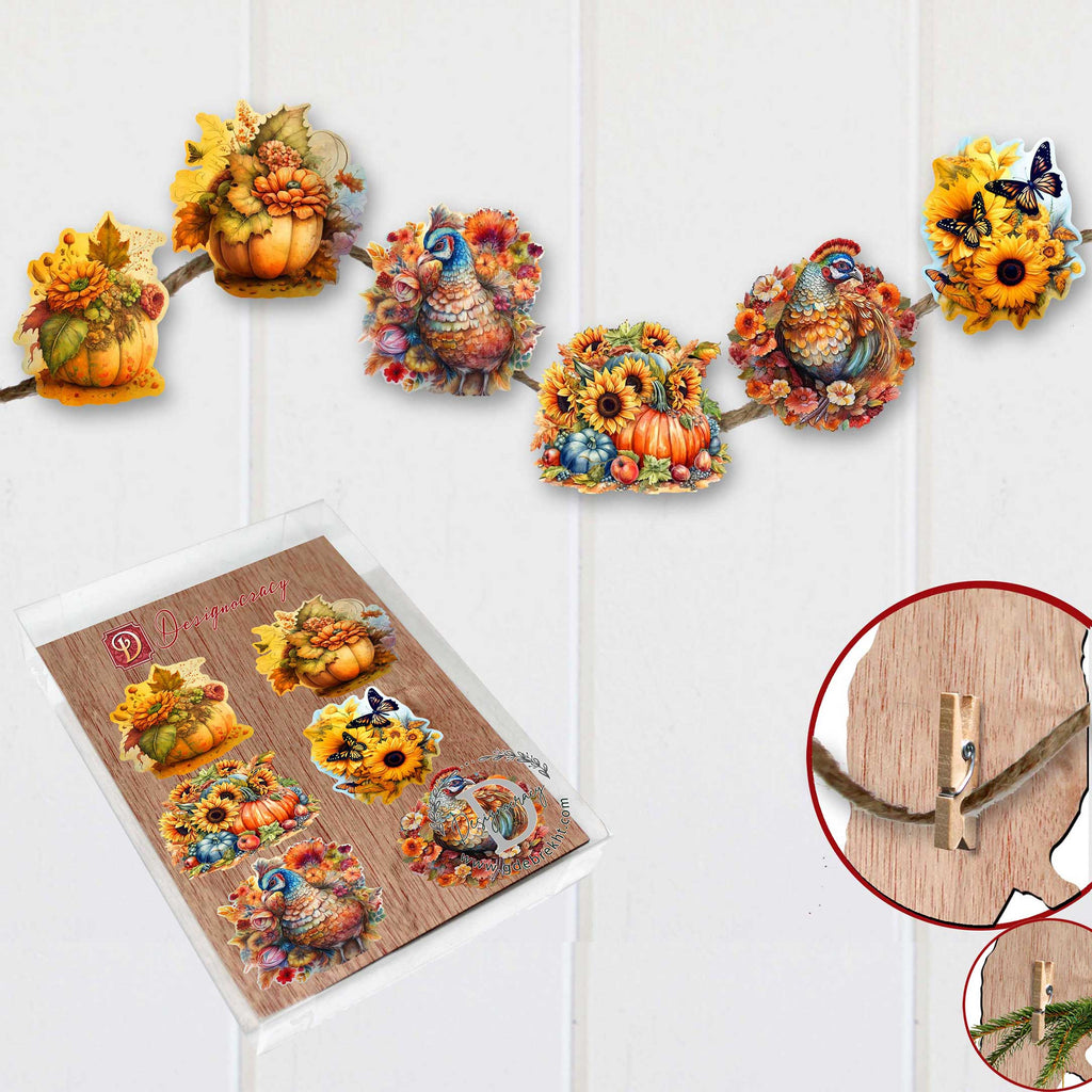 Happy Thanksgiving Clip-On Eco Wood Decorative Ornaments Set of 6 by G. Debrekht - Thanksgiving Decor - 8090018C-S6