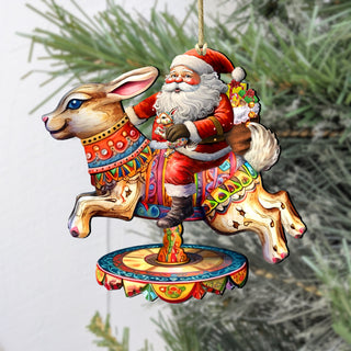 Santa Claus on Bunny Carousel Wooden Ornaments by G. Debrekht Christmas Santa Snowman Decor - 8611067