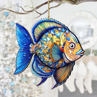 Wooden Christmas Tree Decorations - Blue Fish Wooden Ornaments by G.Debrekht Coastal Holiday Decor - 8688301