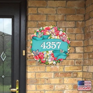 Floral Wreath Wooden Personalized House Number Sign by G. Debrekht - Love Family Kids Decor - Handcrafted Wooden Handcrafted Wooden Address Sign - MA81853033