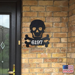 Skull and Bones Wooden Personalized House Number Sign by G. Debrekht - Thanksgiving Halloween Decor - Handcrafted Wooden Address Sign - MA8198443