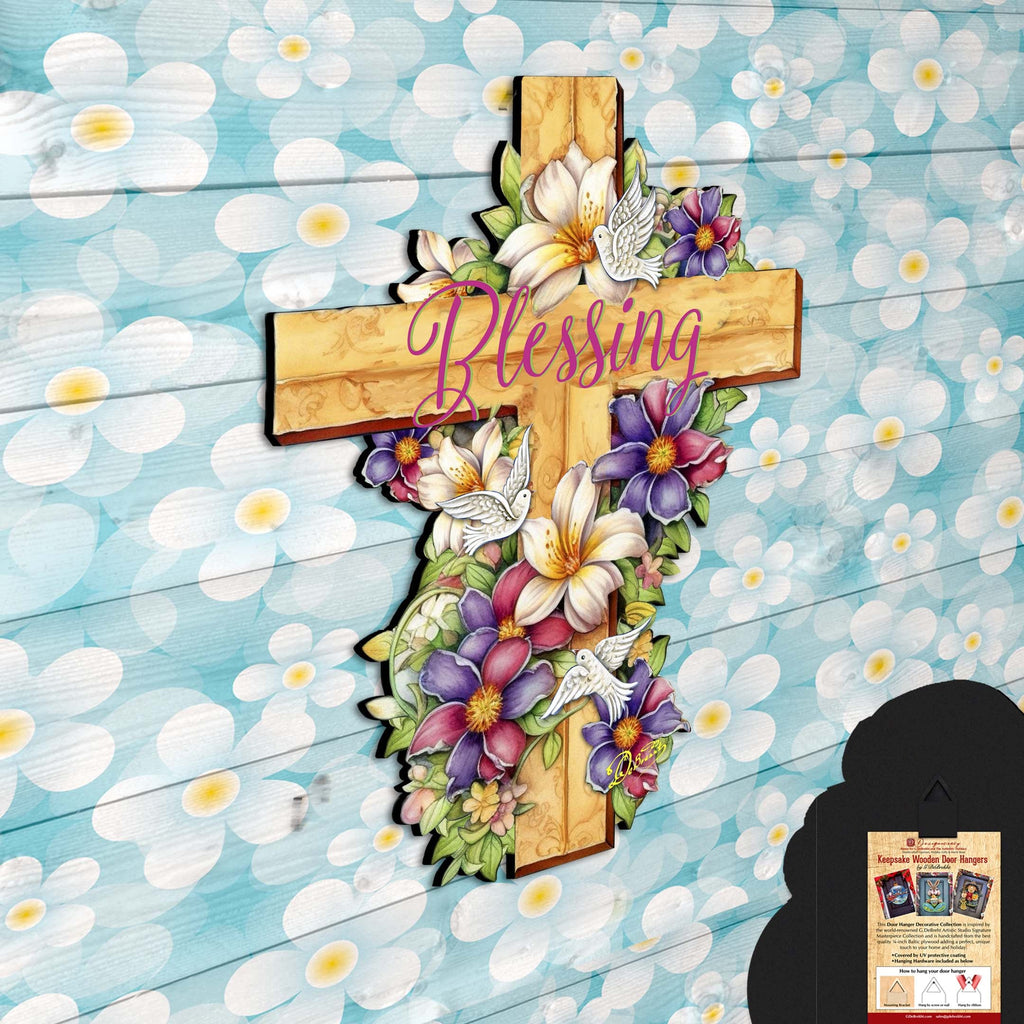 Floral Dove Blessing Cross Holiday Door Decor by G. Debrekht - Easter Spring Decor - 8688163H