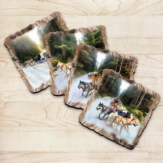 Husky Ride Wooden Cork Coasters Gift Set of 4 by Nature Wonders Nature Wildlife Decor - 95401C-S4