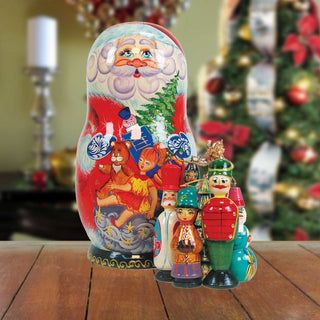 Gift Bag Toys Santa Hand-Painted Doll with Set of Wooden Ornaments by G. DeBrekht - Christmas Santa Snowman Decor - 110715