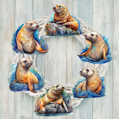 Coastal Sea Lions Clip-On Eco Wood Decorative Ornaments Set of 6 by G. Debrekht - Wildlife Decor - 8090127C-S6