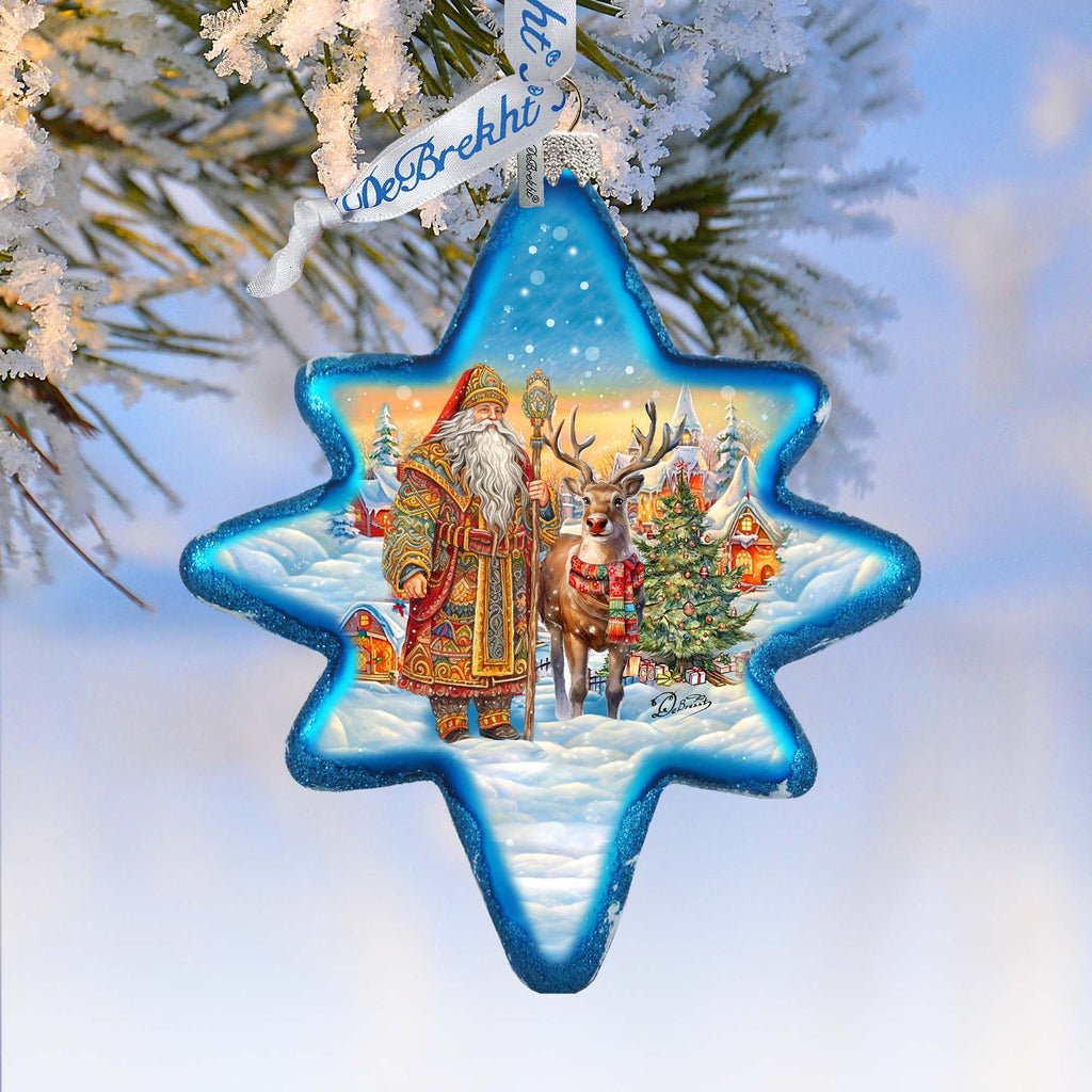 Santa with Reindeer Star Glass Ornament by G. Debrekht - Christmas Santa Snowman Decor - 755-050
