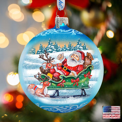 Reindeers Ride Santa Glass Ornament by G. DeBrekht - Christmas Santa Snowman Decor - 73363