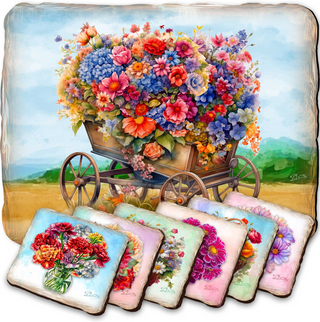 A collage of six colorful flower images, each depicting a different type of flower, arranged in a wooden wagon.