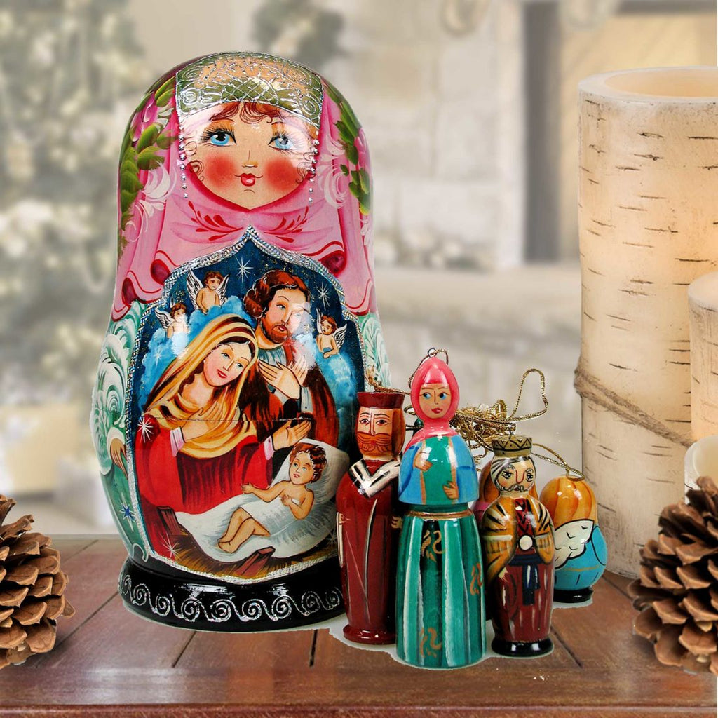 Nativity Angel Hand-Painted Doll with Set of Wooden Ornaments by G. DeBrekht - Nativity Holiday Decor - 1307013