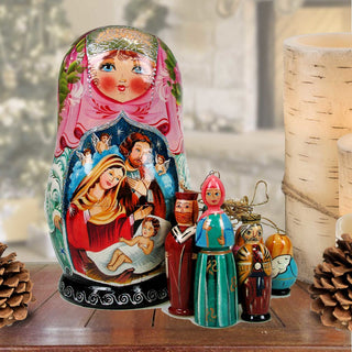 Nativity Angel Hand-Painted Doll with Set of Wooden Ornaments by G. DeBrekht - Nativity Holiday Decor - 1307013