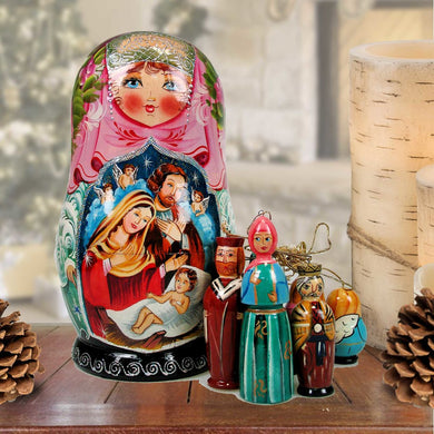 Nativity Angel Hand-Painted Doll with Set of Wooden Ornaments by G. DeBrekht - Nativity Holiday Decor - 1307013