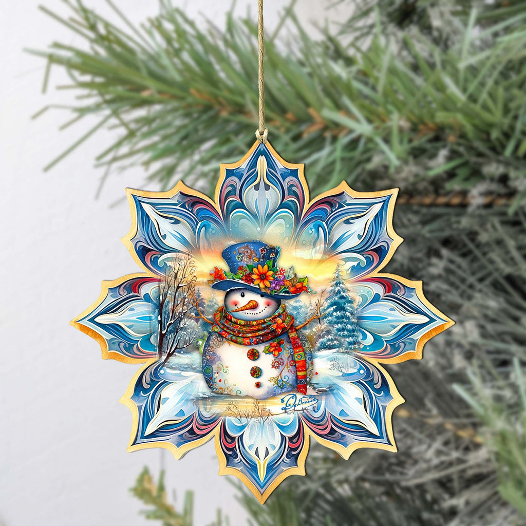 Snowman's Family Snowflake Large Wooden Ornament by G. Debrekht - Christmas Santa Snowman Decor - 8688428M