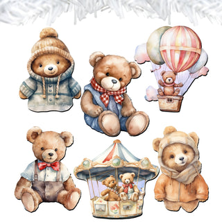 Teddy Bear Clip-On Eco Wood Decorative Ornaments Set of 6 by G. Debrekht - Christmas Decor - 8090025C-S6