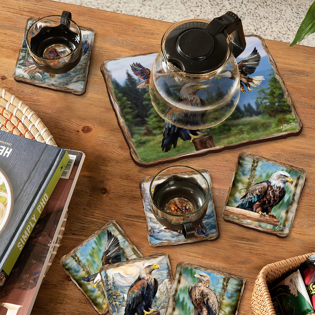 Eagles Wooden Cork Placemat and Coasters Gift Set of 7 by Nature Wonders Nature Wildlife Decor - 85406C-S7