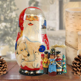 Polar Bear Santa Hand-Painted Doll with Set of Wooden Ornaments by G. DeBrekht - Wildlife Holiday Decor - 110718