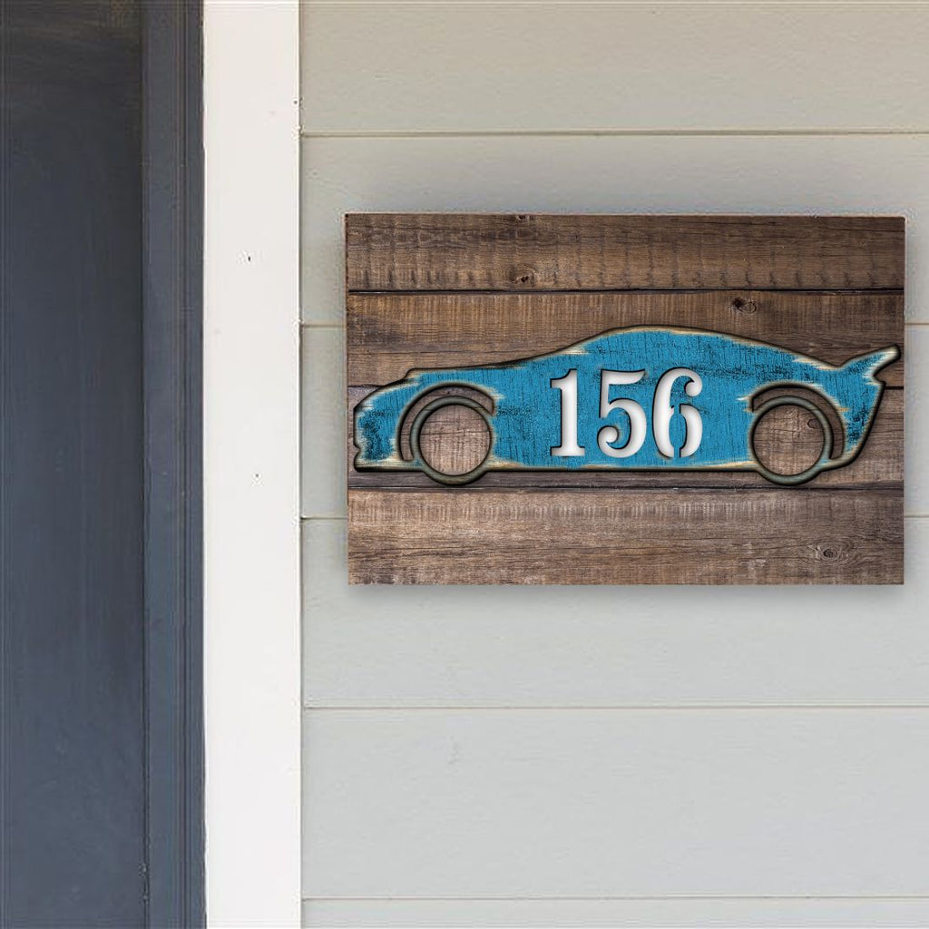 Sports Car Wooden Custom House Number Sign by G. DeBrekht - Love Family Kids Decor - Handcrafted Wooden Handcrafted Wooden Handcrafted Wooden Address Sign - MA98451