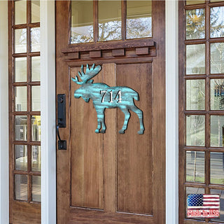 Moose Log Cabin Wooden Personalized House Number Sign - Nature Wildlife Decor - Handcrafted Wooden Handcrafted Wooden Address Sign - MA98222