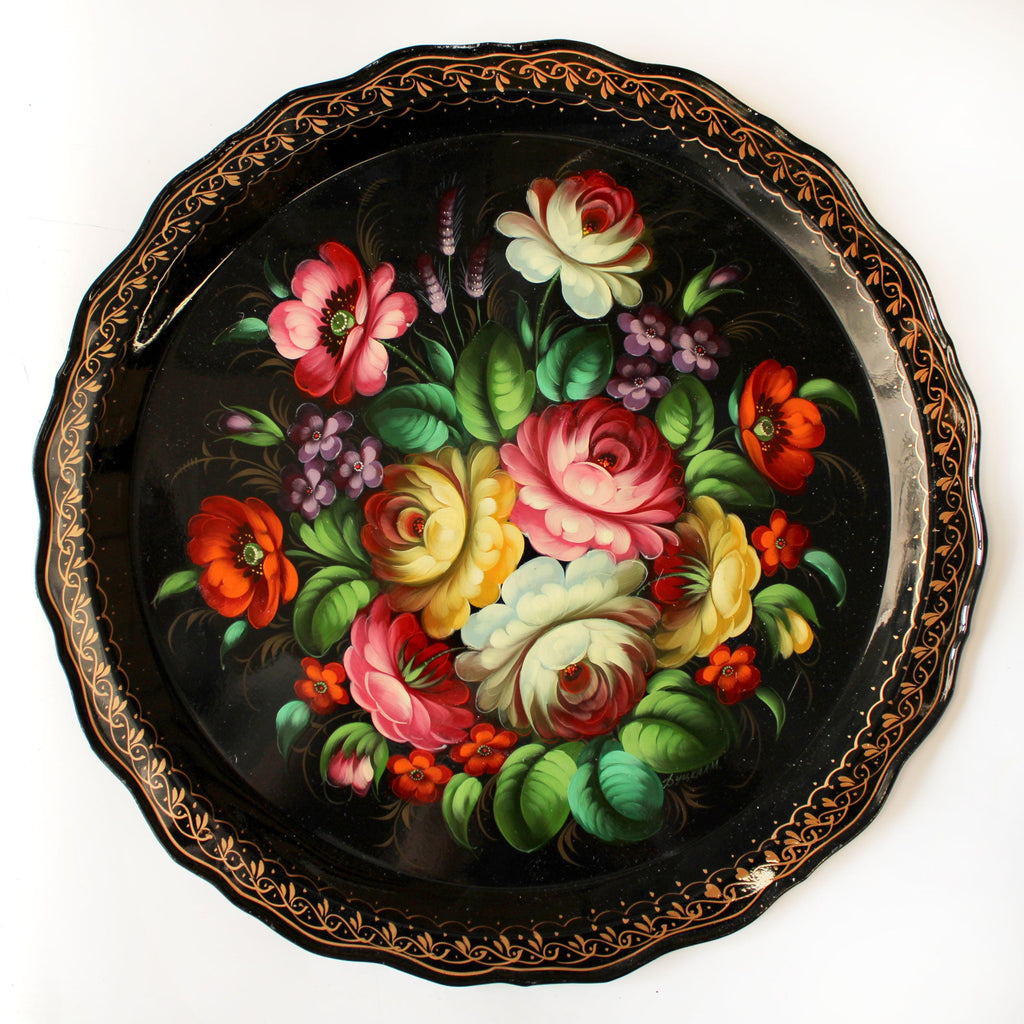 Authentic Zhostovo Floral Hand-Painted Black Metal Tray 17x17 - Kitchenware and Gift One-of-a-Kind Work of Art by G. Debrekht Functional Kitchenware Table and Unique Wall Decor