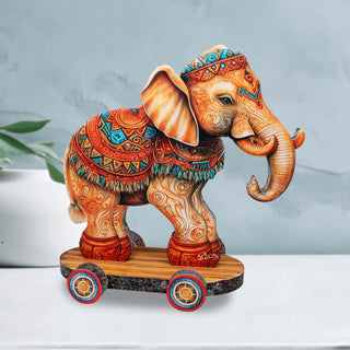 Enchanting Elephant on Wheels Limited Edition Wooden Figurine by G. Debrekht - Christmas Centerpiece Decor - 89309