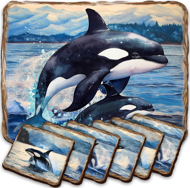 A painting of two orca whales in the ocean, with a backdrop of mountains and a cloudy sky.