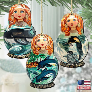 Dolphins, Whale, Penguins Dolls Wooden Ornaments Set of 3 by G. DeBrekht - Coastal Holiday Decor - 8100190S3