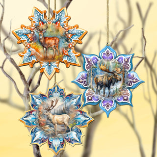 Forest Animals Snowflake Eco Wood Ornaments Set of 3 by G. Debrekht - Nature Wildlife Decor - 8090145-S3