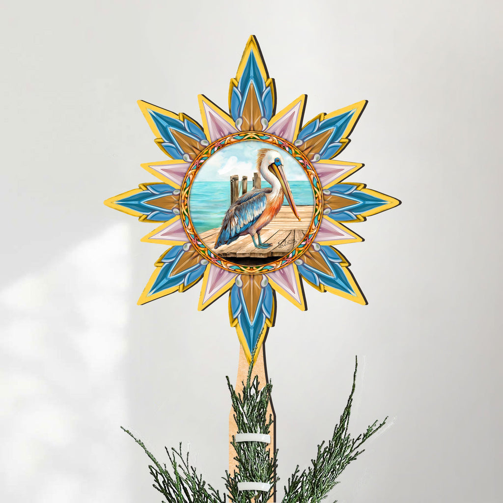 Coastal Pelican Star Tree Topper Wooden Decor by G. Debrekht - Wildlife Holiday Decor - 89514