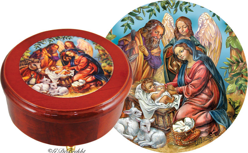 One-of-a-Kind Nativity Round Wooden Music Box 6.5x3