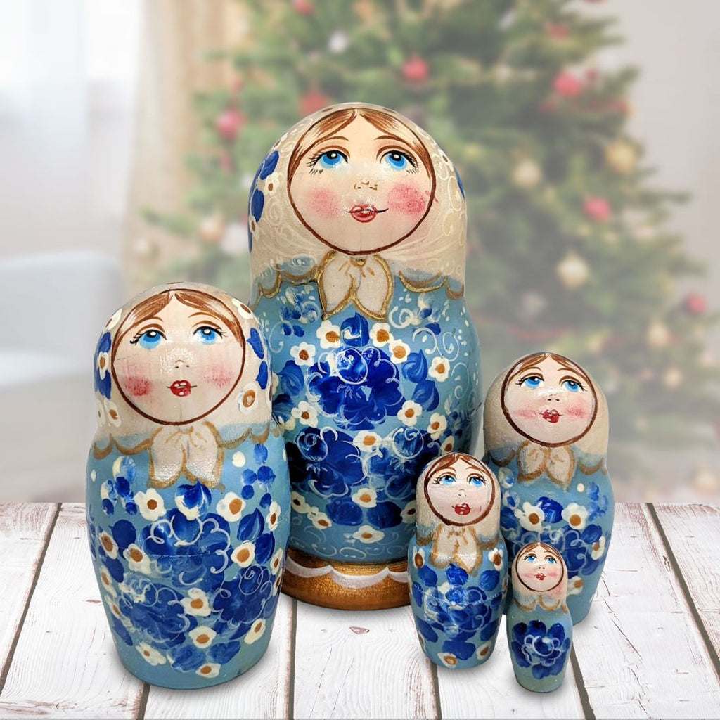 Light Blue Floral Matreshka Nesting Hand-Painted Dolls Set of 5 by G. DeBrekht - Christmas Decor - 140140-3