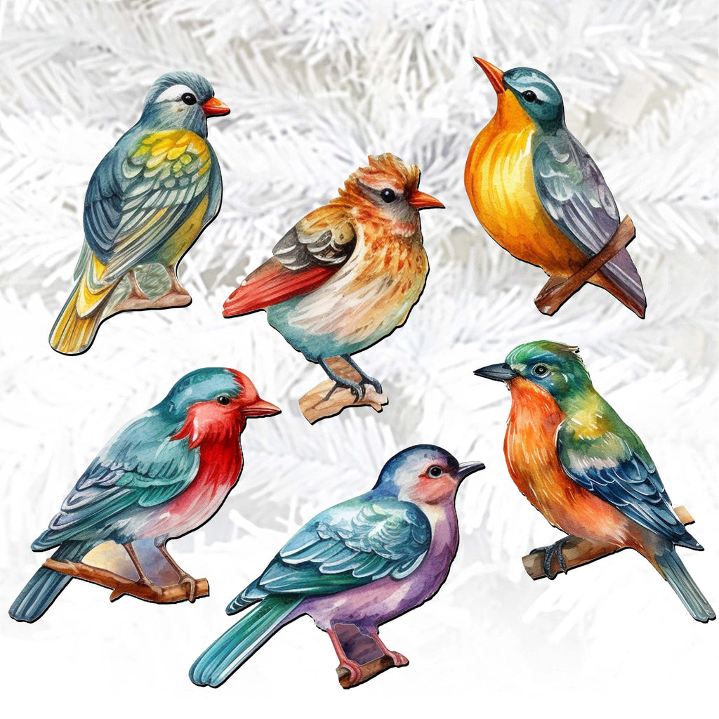 Forest birds Clip-On Eco Wood Decorative Ornaments Set of 6 by G. Debrekht - Christmas Decor - 8090015C-S6
