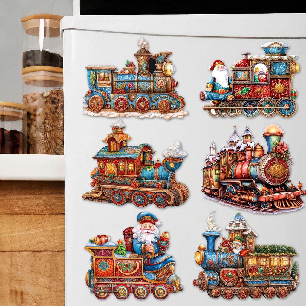 Santa Christmas Train Decorative Eco Wood Magnets Set of 6 by G. Debrekht - Christmas Decor - 8090123G-S6