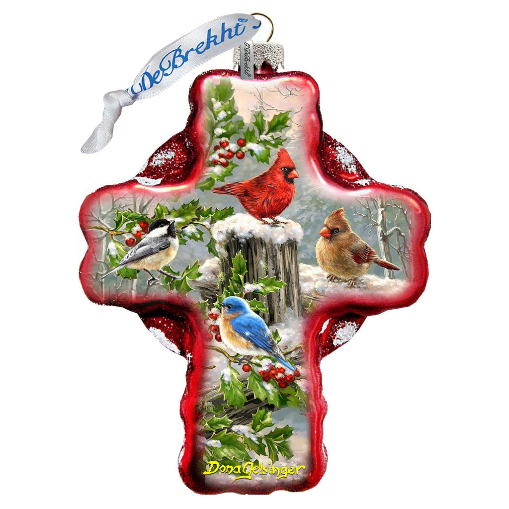 Winter Cardinals Cross Glass Ornament by D. Gelsinger - Nativity Holiday Decor - 758-010-DG