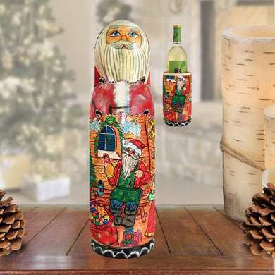 Santa Workshop Hand-Painted Wooden Bottle Holder, Wine Box, Tall Gift Box by G. DeBrekht - Christmas: Santa Snowman Decor - 190515
