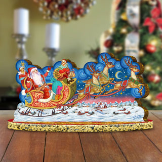 Santa Sleigh Ride with Reindeer Wooden Decor Tabletop Centerpiece by G. Debrekht - Christmas Snowman Decor - 89312