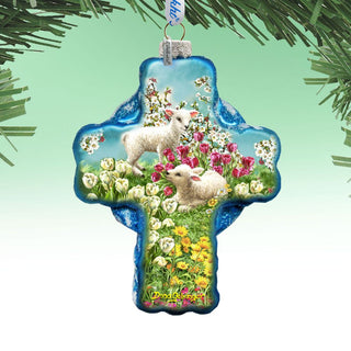 Sheep and Flowers Glass Ornament by D. Gelsinger - Nativity Holiday Decor - 758-020-DG